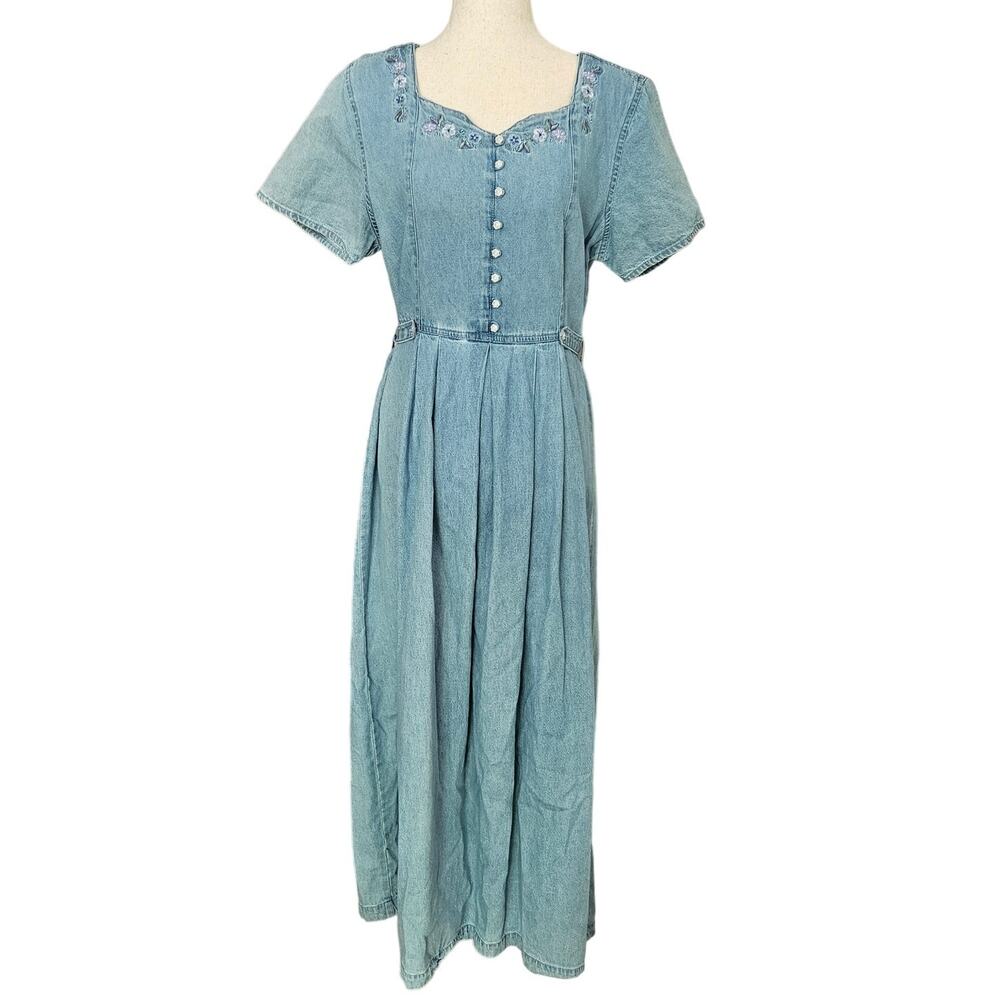 Floral Jean Maxi Midi Dress Embroidered Buttons 90s Vintage Pleated Medium